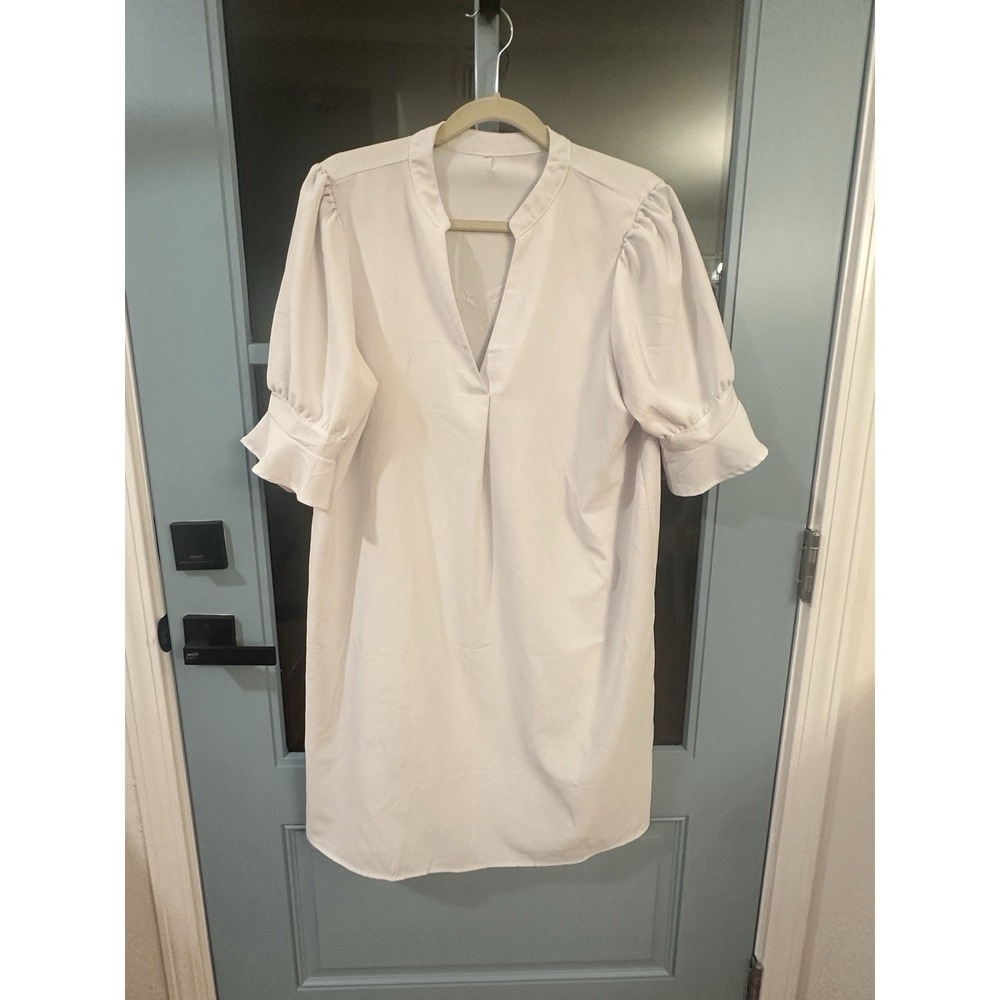 White Shift Festival Dress‎ Knee Length V Neck 1/2 Puff Sleeves Flowy Size XL